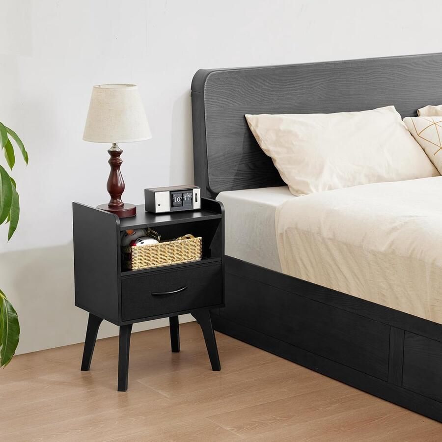 Houten nachtkastje met geheim vak 57 cm hoog bijzettafel met stoffen lade 30 cm breed ideaal voor slaapkamer woonkamer en kleine ruimtes zwart