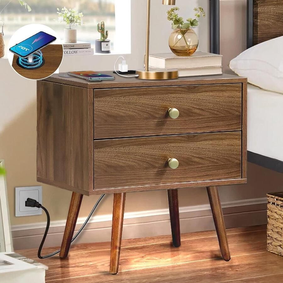 Nachtkastje met uitgang bovenop walnoot Mid Century Modern 2 laden draadloze oplader donkerbruin 20-inch B 14-inch D 24-inch H Nachtkastje