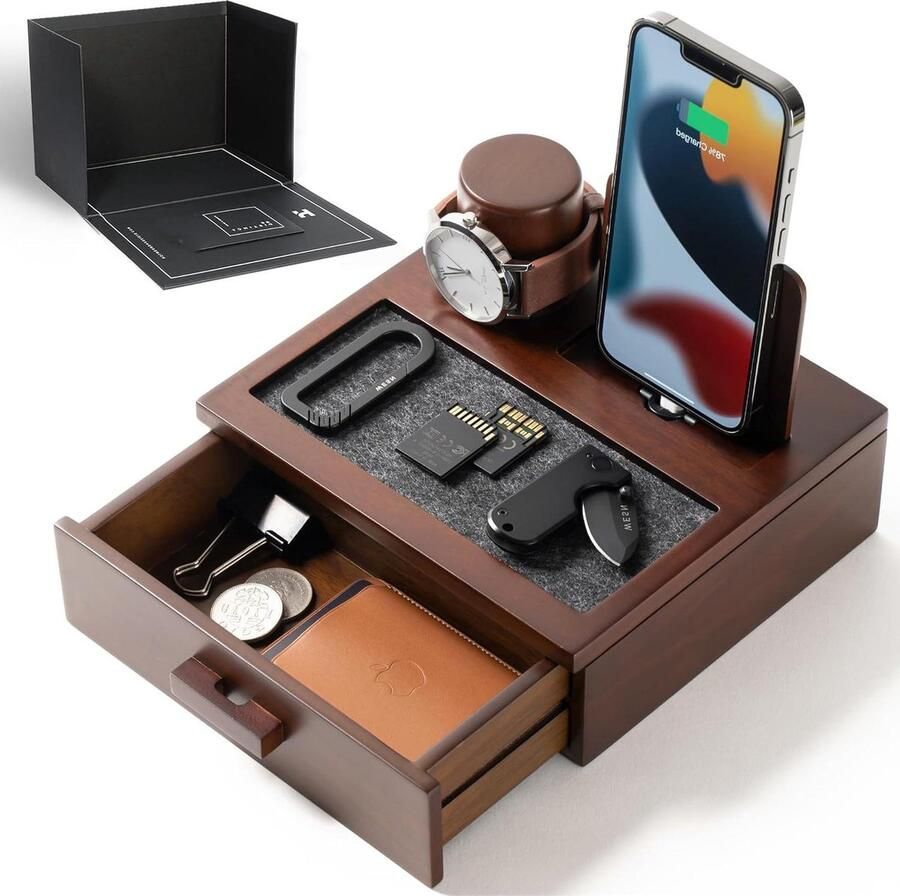 Houten nachtkastje organizer voor mannen telefoon en horloge dockingstation met gevoerde lade