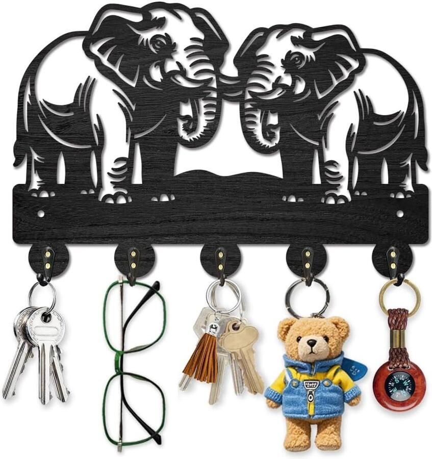 Houten Olifant Sleutelhanger voor Muur Bosdier Sleutelkastje 30×20cm Wildlife Wandrek met 5 Legeringshaken voor Entree Keuken Kantoor Slaapkamer Woonkamer Cadeau