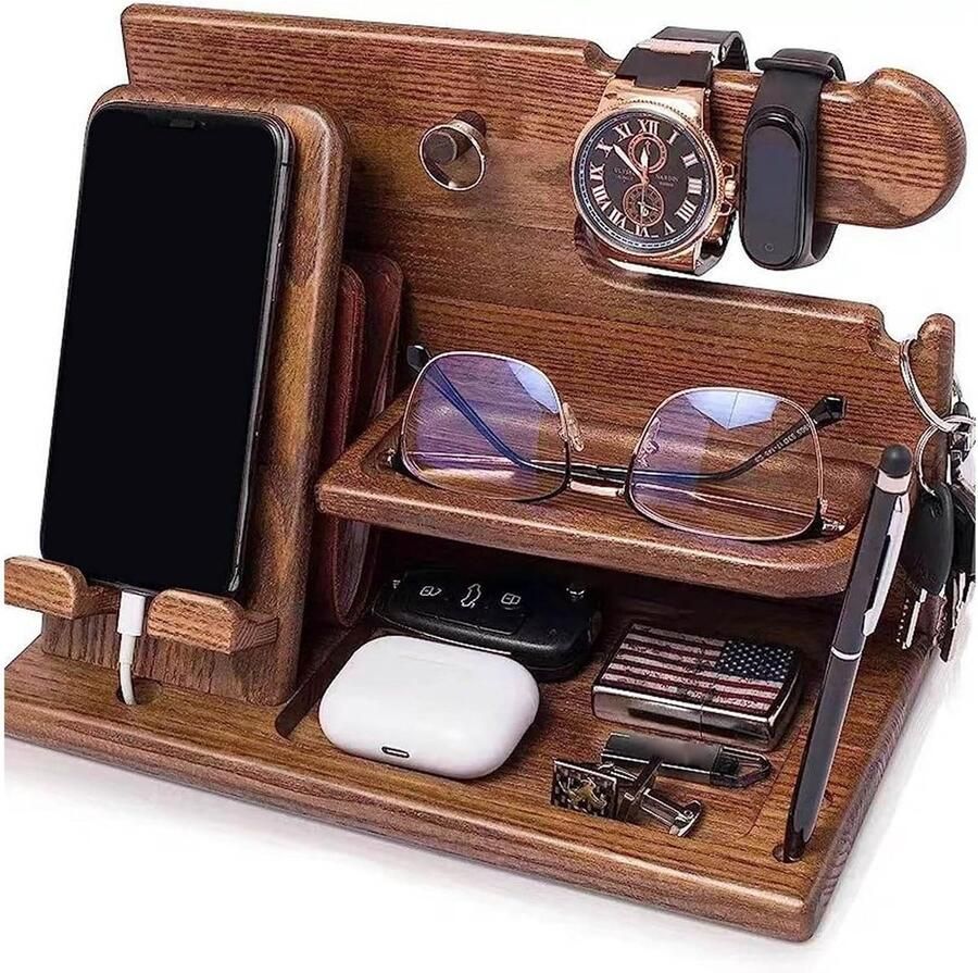 Houten opbergdoos voor op het bureau Telefoonhouder van massief hout Cadeau voor mannen vaders hem Jubileum verjaardag kerstcadeau Sleutelhouder voor op het nachtkastje Voor mannen vriend vader (bruin 25 5 x 15 x 19 cm)