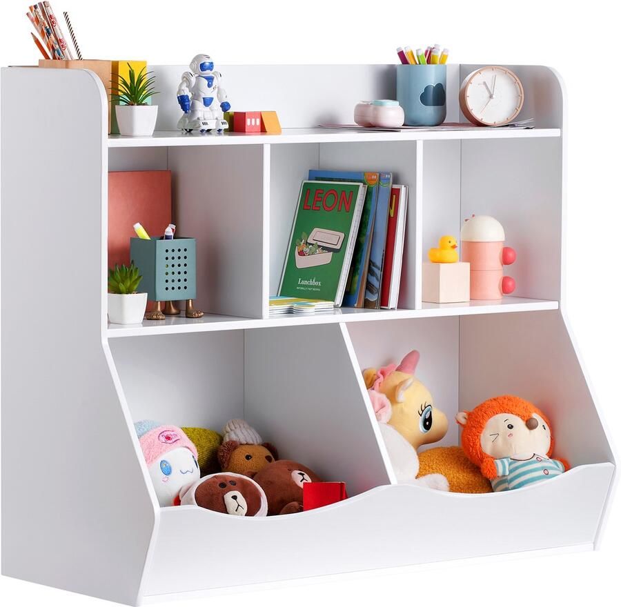 Houten Opbergkast voor Kinderen. Organizer met 5 Vakken En Boekenplank. voor Kinderkamer Speelkamer. Witte Speelgoedkast voor Kinderen. Kinderkamer Kleuterschool