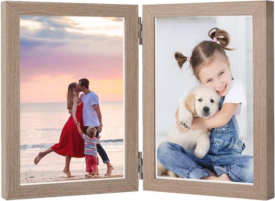 Houten Opvouwbare Fotolijst voor 2 Foto's Collage Fotolijst Dubbele Fotolijst voor Bureau en Woonkamer Modern Design 10x15 cm