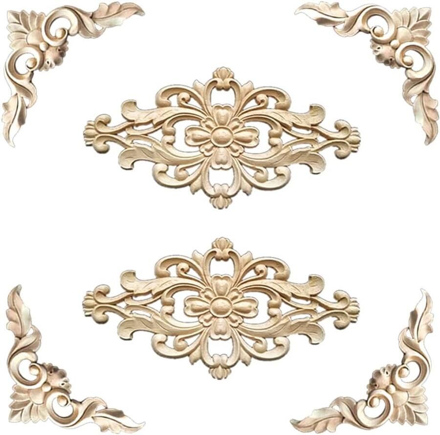 Allecto Plus Houten ornamenten set van 6 Decoratie voor meubels en kasten Houtsnijwerk hoek appliques Muur decoratie met houten ornamenten