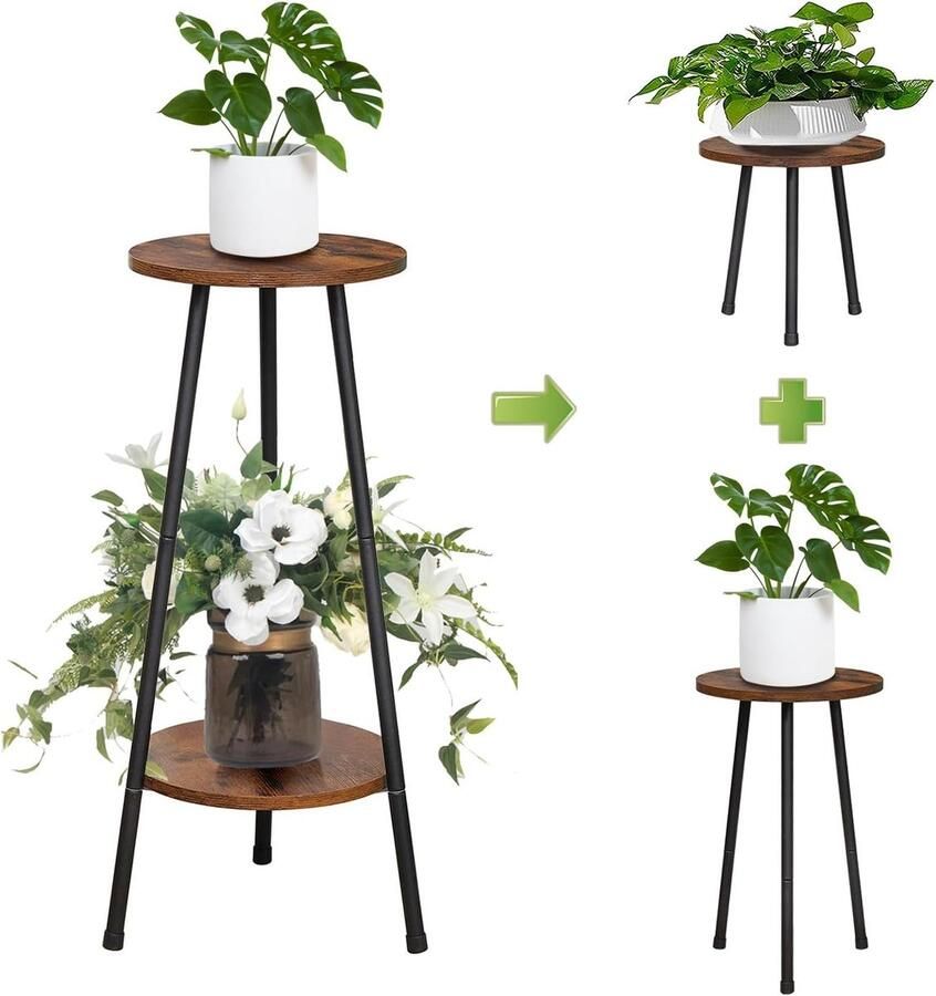 Houten Plantenstandaard met 2 Niveaus voor Binnen Multifunctionele Plantenplank voor Woonkamer Balkon en Kantoor