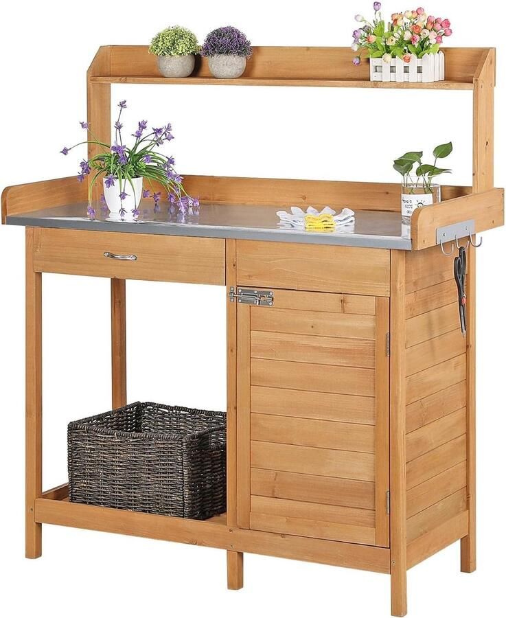 Houten Plantentafel met Laden en Onderkast Weerbestendige Tuintafel voor Tuinwerk en Bloemen