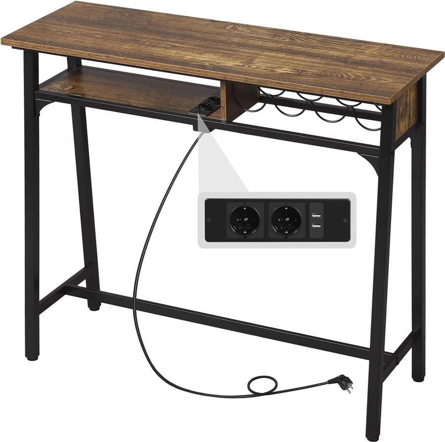 Statafel met Laadfunctie Bartafel Met USB-Poorten en Wijnrek voor Bar en Woonkamer Vintage Houtlook 110x40 cm