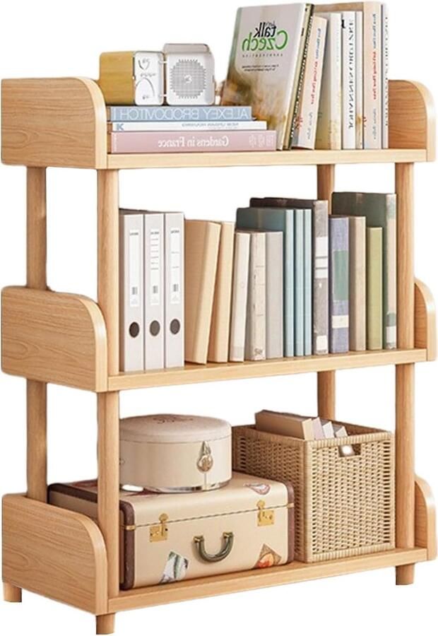 Houten rek met 3 verdiepingen boekenkast foto- tijdschriftenstandaard in de woonkamer plantenbloemenstandaard multifunctioneel kruidenrek voor thuis en op kantoor (geel)