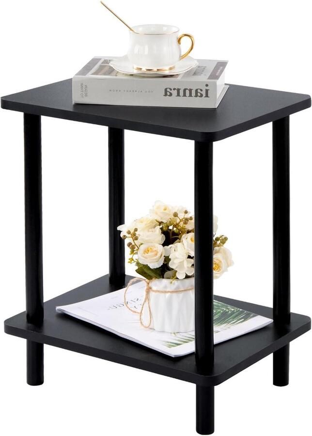 Houten salontafel 2 niveaus telefoontafel met planken nachtkastje zwart 40 x 30 x 52 cm nachtkastje zwart 60 cm hoog