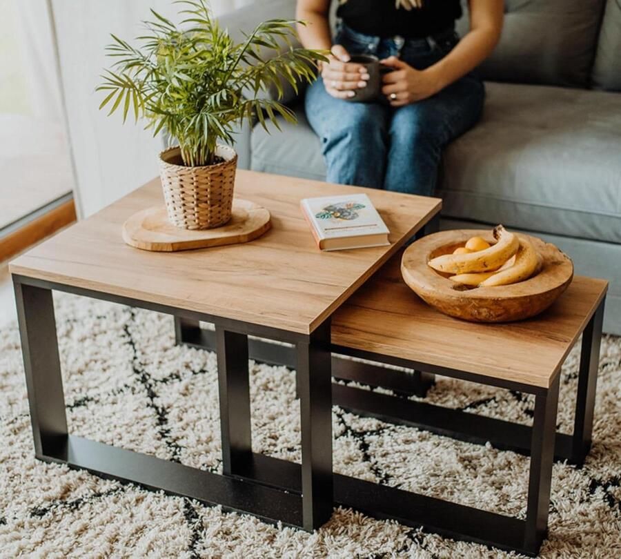Houten Salontafel Set Bijzettafels voor Woonkamer Set van 2