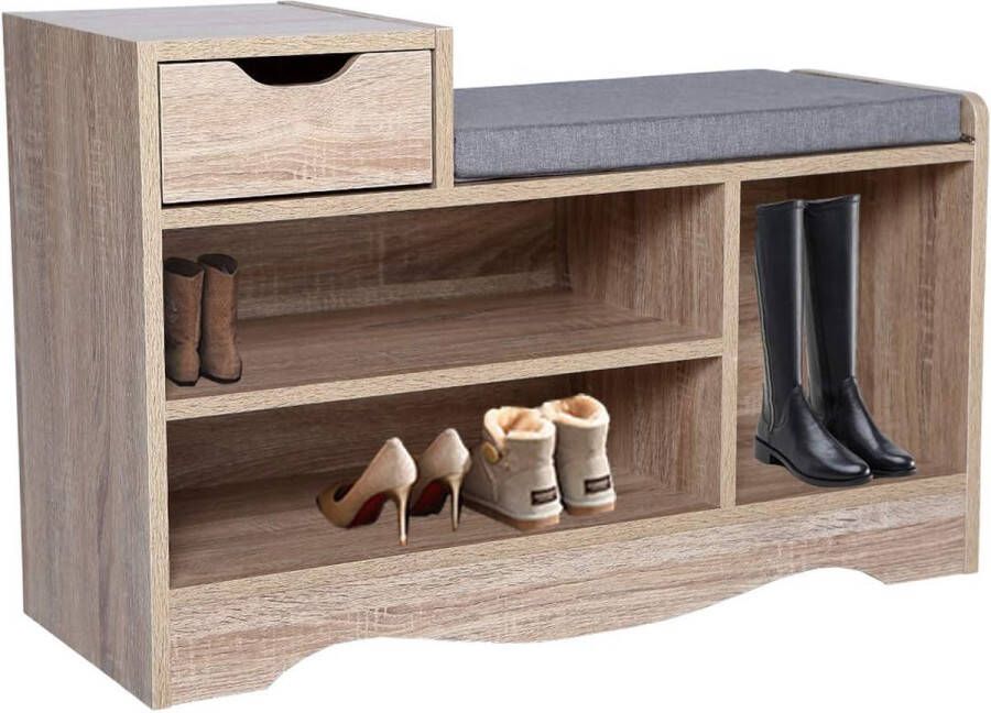Houten schoenenbank schoenenrek organizer voor gangkasten met zitkussens en laden voor hal en woonkamer (hout (2))