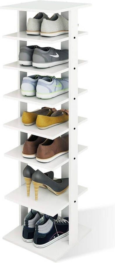 Houten schoenenrek met 7 niveaus entree schoenen opslag standaard 27 5 x 26 5 x 110 cm moderne schoenrek organisator ruimtebesparende verticaal schoenrek opslagplank (Wit)