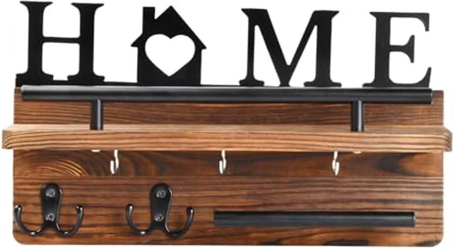 Houten Sleutelhanger met Plank en 5 Haken Wandsleutelhouder voor Sleutels en Kleine Voorwerpen