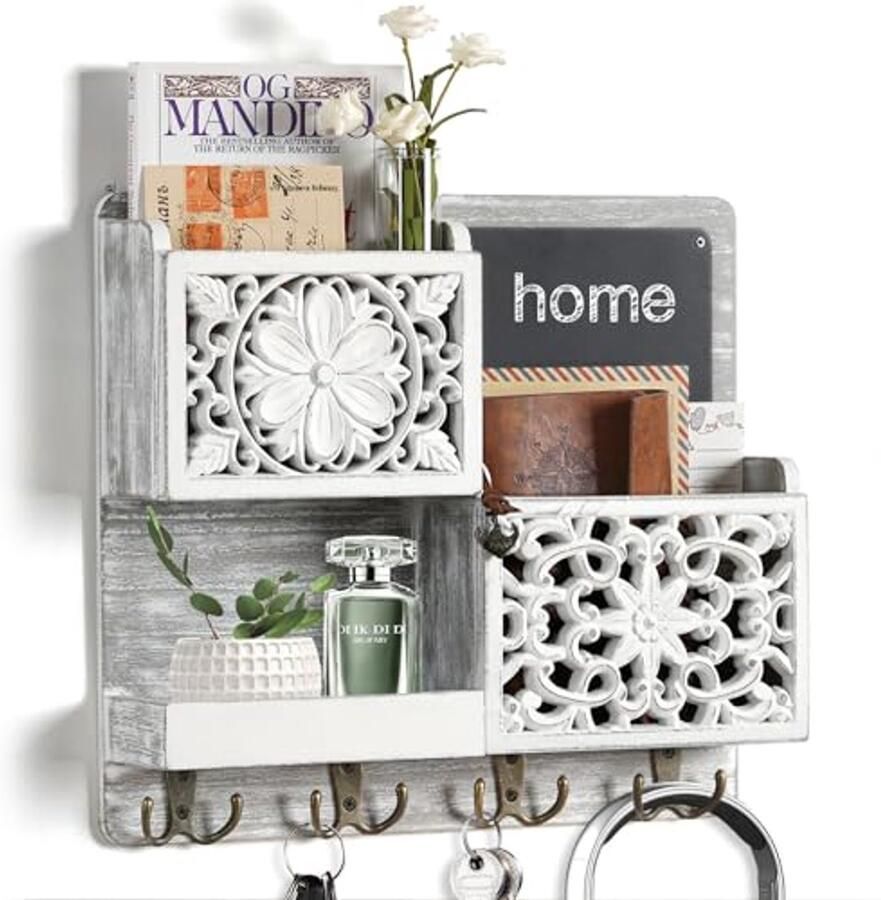 Houten Sleutelhanger met Plank en Haakjes – Wanddecoratie voor Sleutels en Post