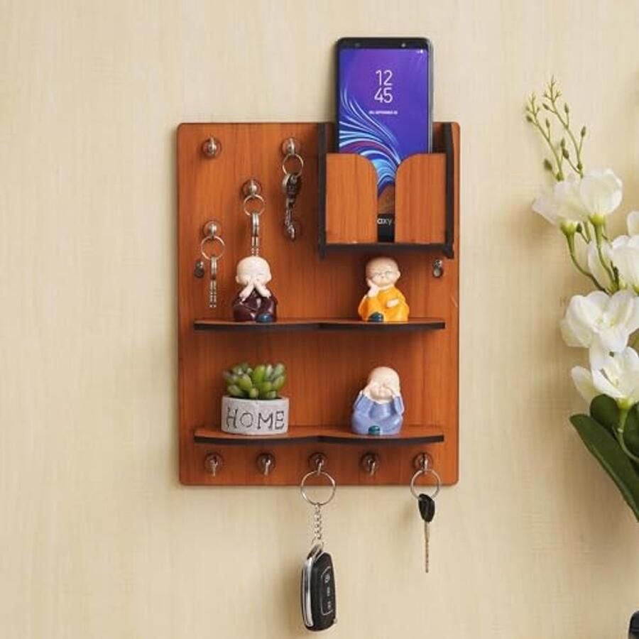 Houten Sleutelhanger Plank met Oplaadstandaard en Haken voor Sleutels