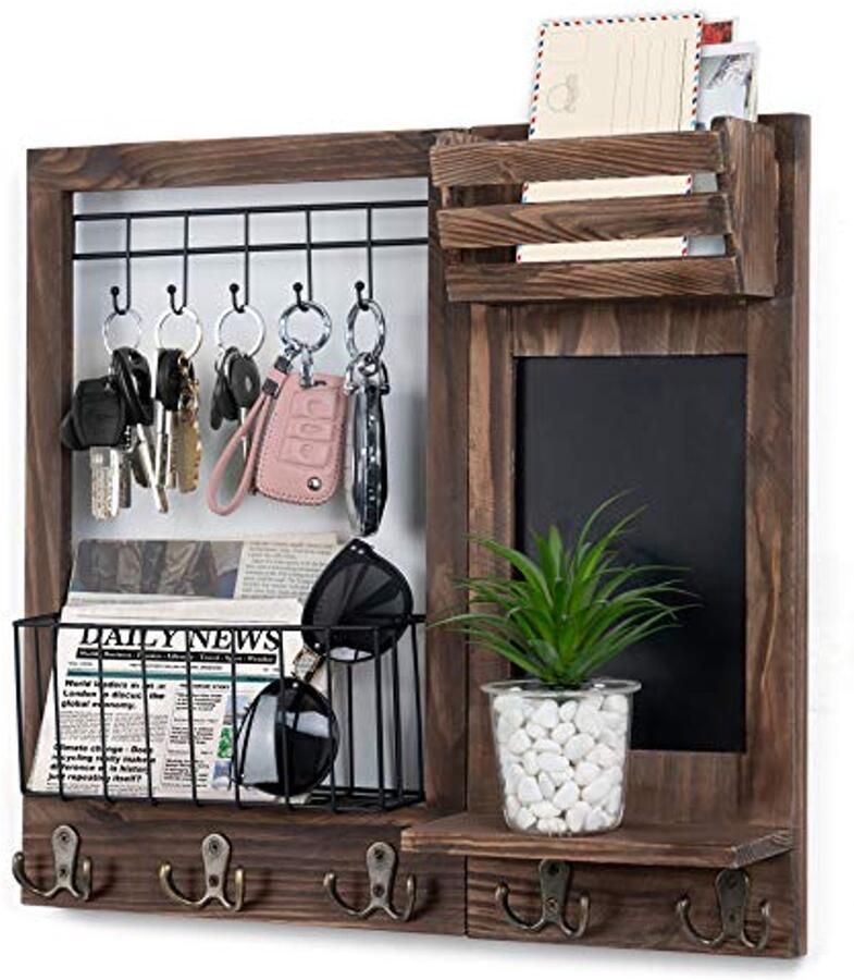 Houten Sleutelhanger voor Wand met 5 Dubbele Haakjes en Krijtbord