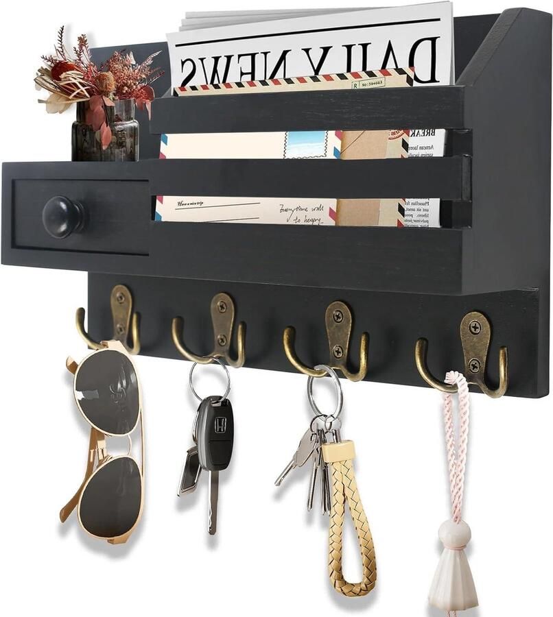 Houten sleutelhouder 4 dubbele haken decoratieve sleutelhaken wandorganizer sleutelbord voor thuis hal wandrek opbergen van sleutels zwart