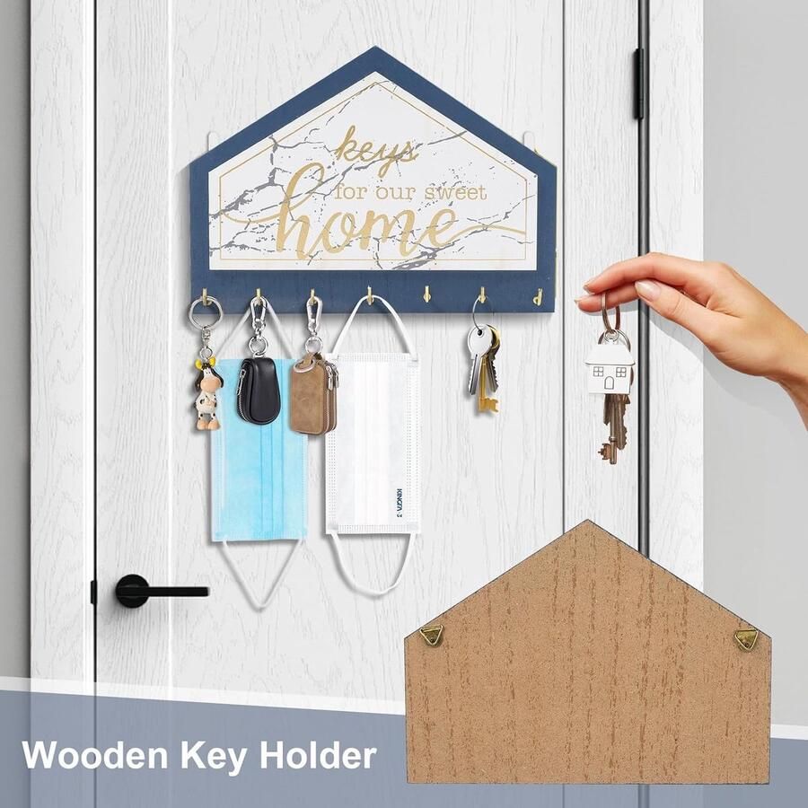Houten sleutelhouder met 7 haken decoratieve sleutelhaken voor aan de muur wandorganizer sleutelplank voor thuis hal wandrek voor sleutels opbergen (blauw)