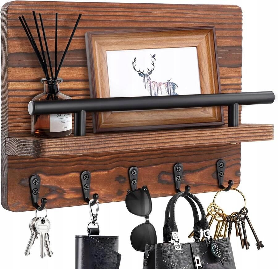 Houten sleutelhouder Wandplank 25*18 5*7 5 cm Met 5 haken Voor sleutels portemonnees afstandsbedieningen documenten en brieven