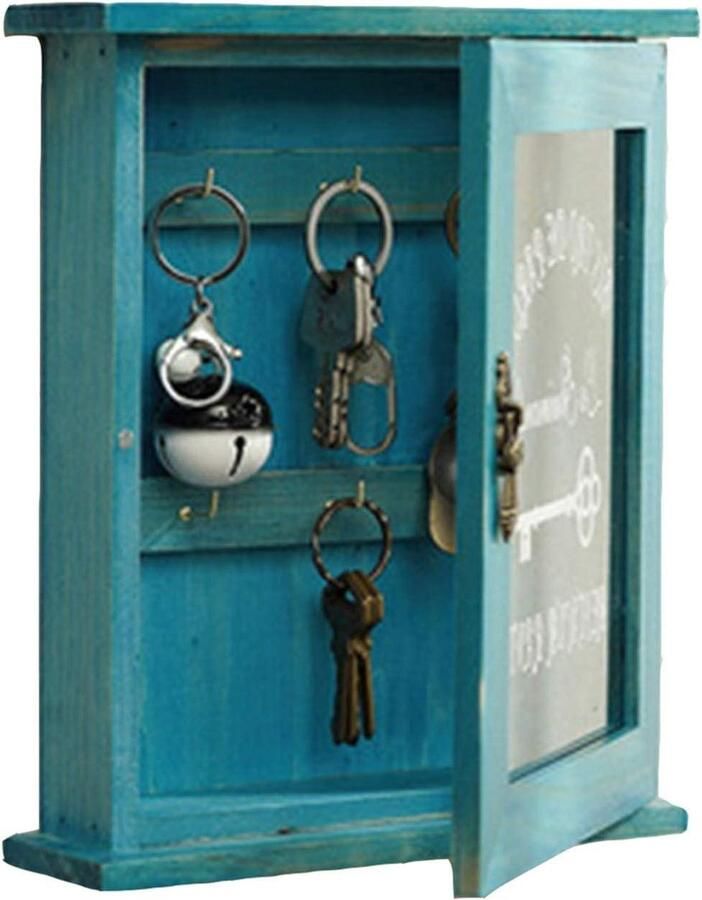 Houten sleutelkast muur kledingkast gevormde opbergdoos wand sleutelbox houten decoraties voor thuis met 6 sleutelhaken (blauw)