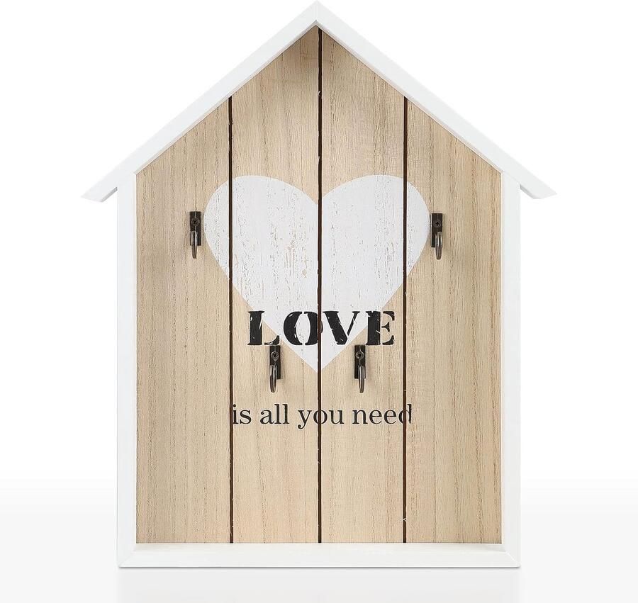 Houten Sleutelkastje Vintage Sleutelkast met 4 Haken Wandplank voor Sleutels Wit Love Model 29.5 x 21.5 x 3.5 cm