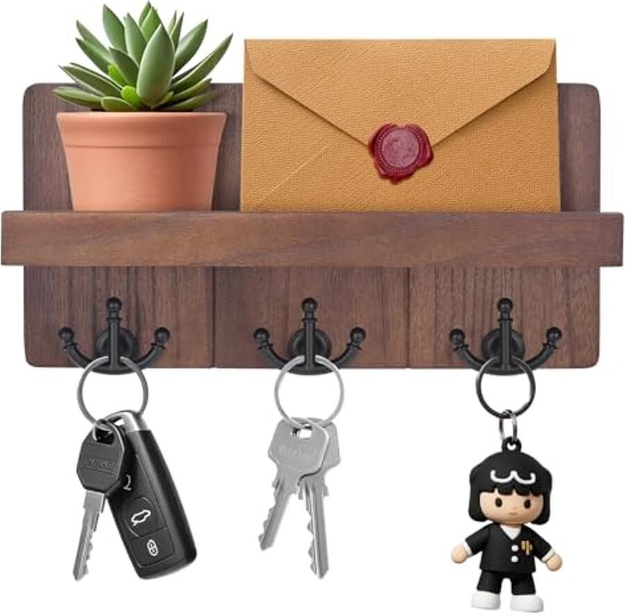 Houten Sleutelrek met Plank en 3 Dubbele Haken voor Ingang Slaapkamer en Woonkamer