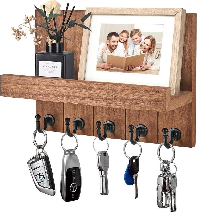 Houten Sleutelrek met Plank en 5 Sleutelhaken voor Entree en Slaapkamer