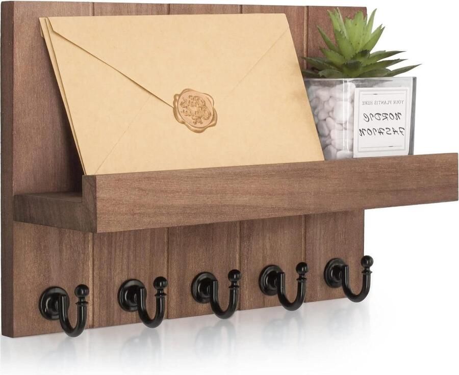 Houten sleutelrek met plank en 5 sleutelhaken wandrek voor entree hal keuken slaapkamer woonkamer kantoor