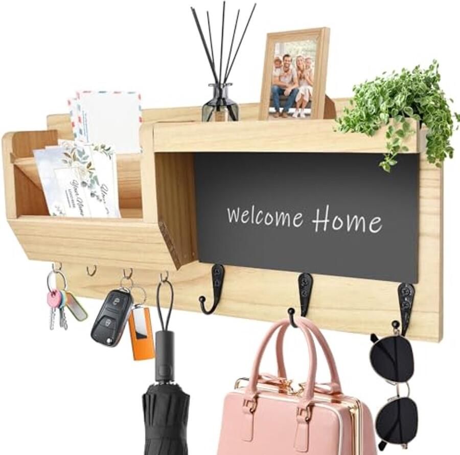 Houten Sleutelrek met Plank en 7 Haken Decoratief Wandsleutelbord voor Entree Hal Woonkamer Voordeur Slaapkamer en Kantoor