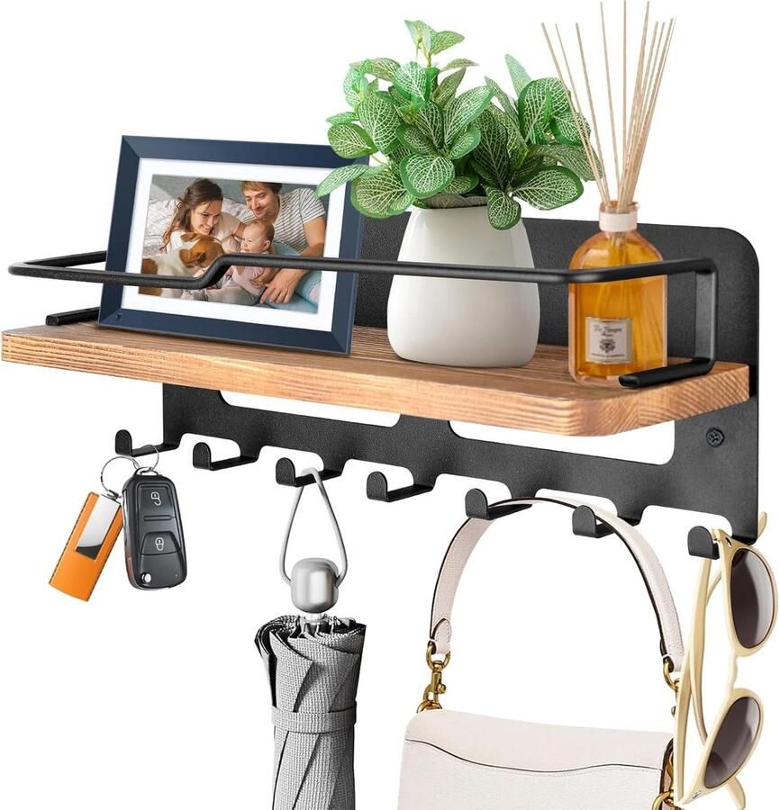 Houten Sleutelrek met Plank en 7 Haken Decoratieve Wandhouder voor Sleutels en Organisatie