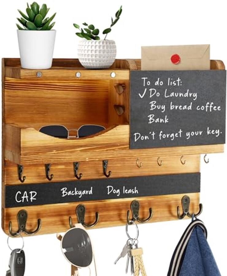 Houten Sleutelrek met Plank Moderne Sleutelhouder met Roestvrijstalen Haken voor aan de Muur