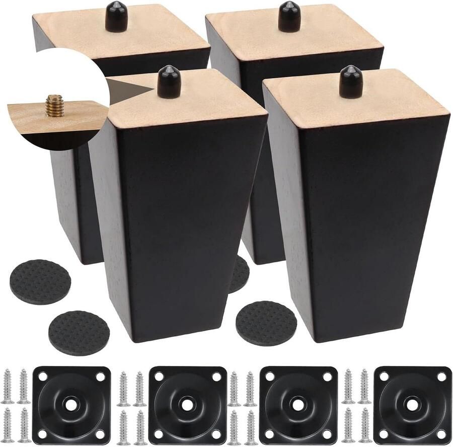 Houten Sofa Poten 10cm Vervanging Zwart met Schroeven en Vilt Glijders voor Bank Bed Kast Bank Voetenbank (10cm Zwart Vierkant Hout)
