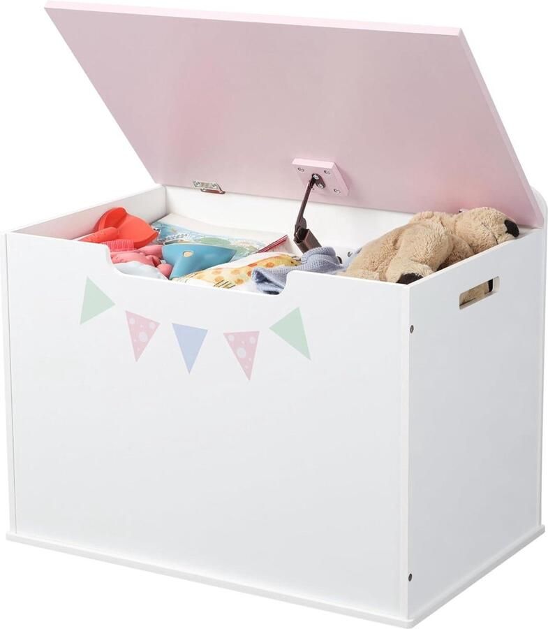 Houten speelgoedkist met rugsteuntje Zachte sluiting Slaat niet dicht Dekenkist Speelgoed opbergbank 60 x 41 x 39 cm Roze deksel Voor kinderkamer Meubel voor speelhoek