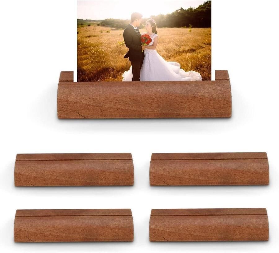 Allecto Plus 5-pack houten kaarthouders voor tafelnummers en foto's Bruiloft decoratie voor tafel 10 x 3 x 2 cm in bruin houtkleur