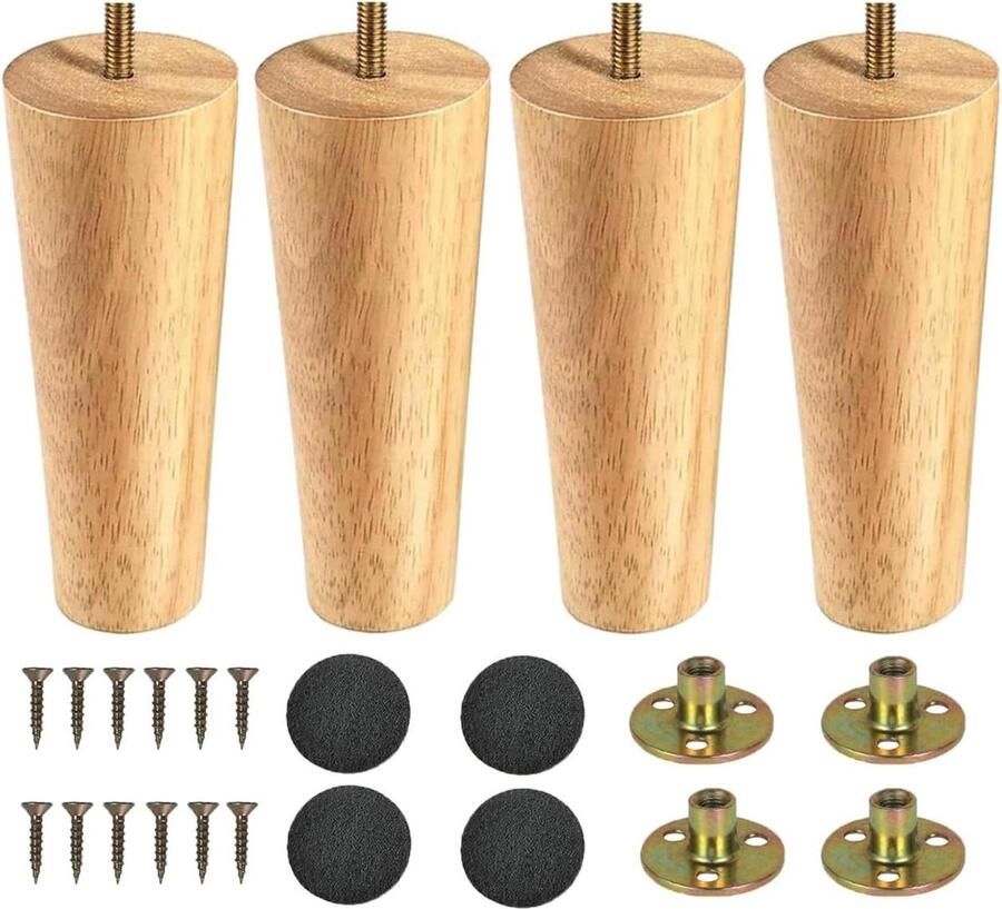 Houten Tafelpoten 4 Stuks Conisch Model 15 cm Vervanging voor Meubelkastpootjes met Montageplaat en Rubberen Pads for Tafel en Bank - Foto 2
