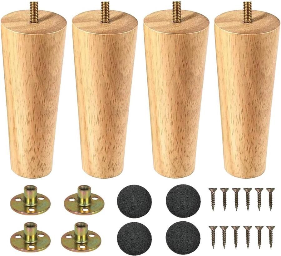 Houten Tafelpoten 4 Stuks Conisch Model 15 cm Vervanging voor Meubelkastpootjes met Montageplaat en Rubberen Pads for Tafel en Bank