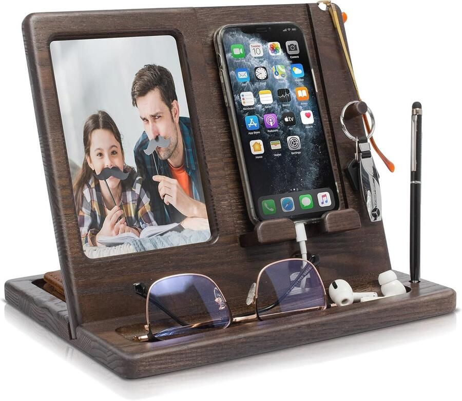 Houten Telefoon Docking Station met Sleutelhouder en Fotolijst Organiser voor Nachtkastje