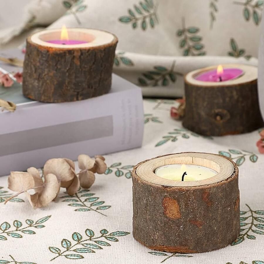 Houten theelichthouders decoratie voor tafel set van 12 bruin