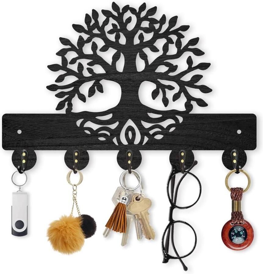 Houten Tree of Life Sleutelhanger Wandgemonteerd Botanisch Thema Sleutels 30×20cm Blad Wortels Zwart Kunst Jas Hanger voor Wand met 5 Legering Haken voor Entree Hal Slaapkamer Woonkamer