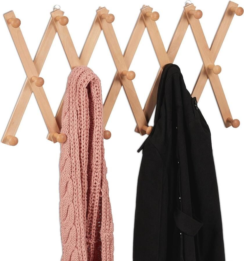 Houten Uitschuifbare Wandkapstok met 17 Haken voor Jassen Tassen en Sjaals Opvouwbare Muurkapstok in Natuurlijke Uitvoering