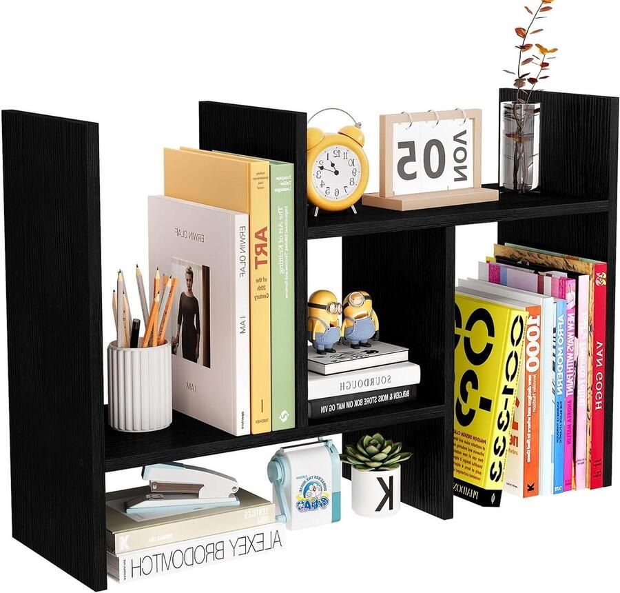 Houten Verstelbare Desktop Boekenplank voor Huis en Kantoor Boekenkast Organisator met Literatuur Display Rack Zwart Stijl 2 Functioneel en Stijlvol Ontwerp