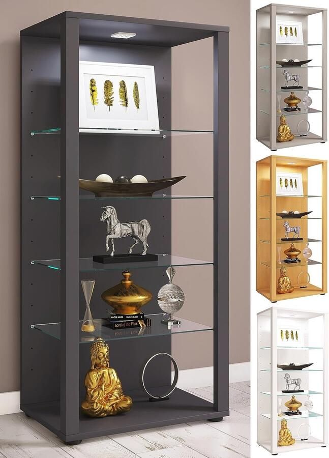 Houten Vitrine met Glazen Schappen Staande Showcase voor Verzamelobjecten Witte Vitrine