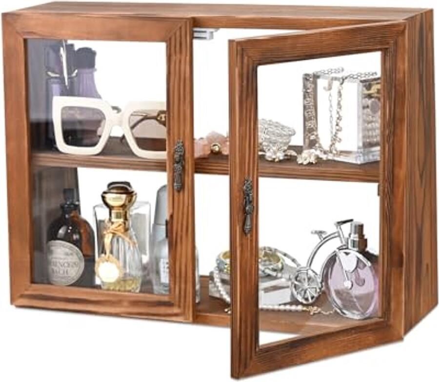 Houten vitrinekast met glasdeksel en dubbele deuren voor mini figuren en sieraden