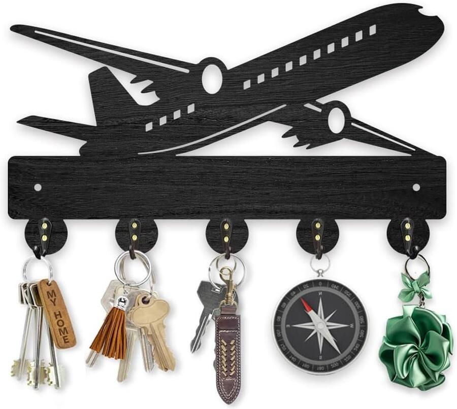 Houten Vliegtuig Kapstok Wandgemonteerd Sleutelhanger voor Wand Decoratief Zwart met 5 Legeringshaken voor Cadeau Ingang Slaapkamer Woonkamer Kantoor