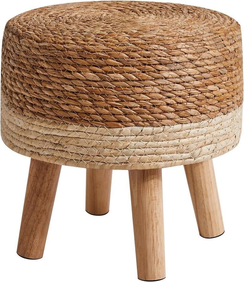 Houten voetenbank HBD027W Ronde houten poef met handgevlochten zitting Zachte gevoerde kruk voor woonkamer slaapkamer 32 x 32 x 32 cm Beige