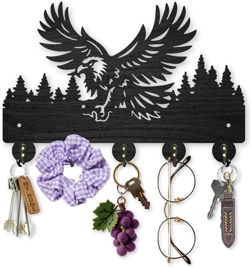 Houten Vogel Grove Sleutelhanger Forest Animal Kapstok voor Muur 11.8×7.8 inch Zwart Kunst Sleutelhanger met 5 Legeringen Haken voor Entree Hal Keuken Kantoor Decor