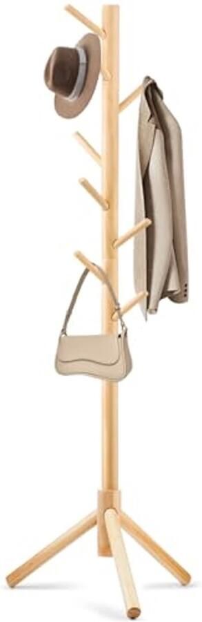 Houten Vrijstaande Kapstok met 8 Haken en Verstelbare Kapstokken voor Slaapkamer en Entree