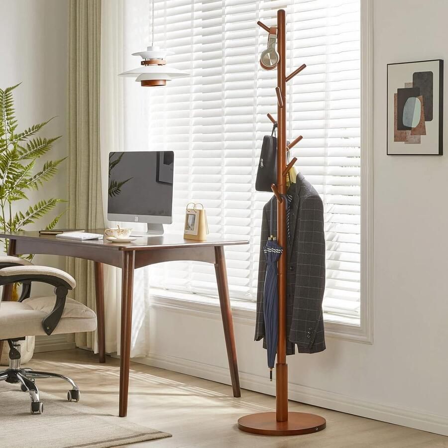 Houten Vrijstaande Kapstok met 8 Haken Kinderkapstok met 3 Hoogteopties en Stevige Basis Rustieke Boomvormige Halrek voor Kleine Ruimtes Bruin