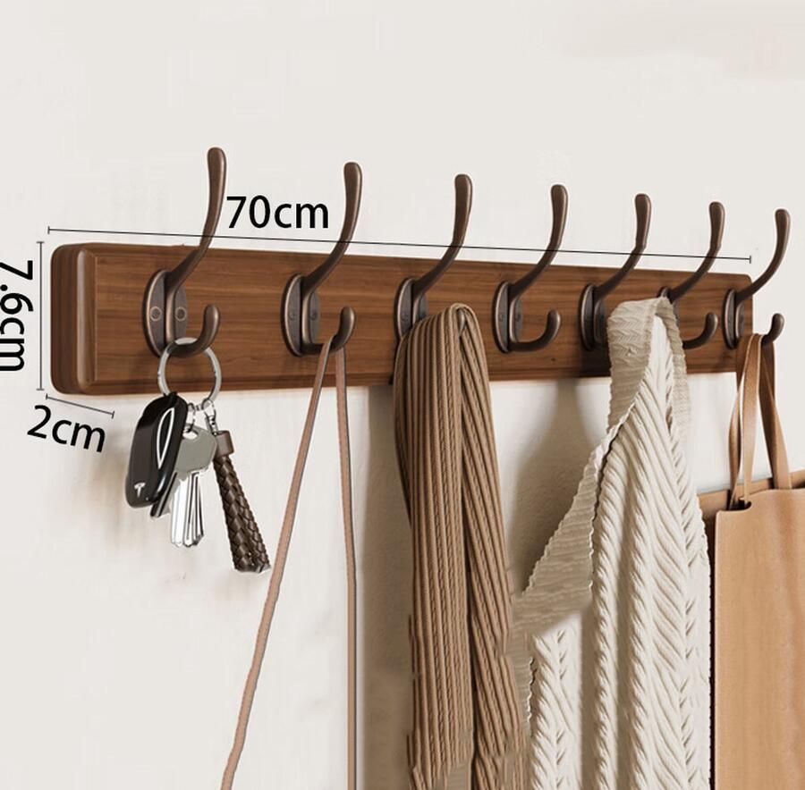 QGT Houten Wand kapstok met 7xDubbele Haak Wandgarderobe 70 cm Walnoot Massief Hout- Schroefvrije Montage 25kg Draagvermogen Aluminium Antiroest (Montagekit) voor Badkamer Deur Garderobe - Foto 2