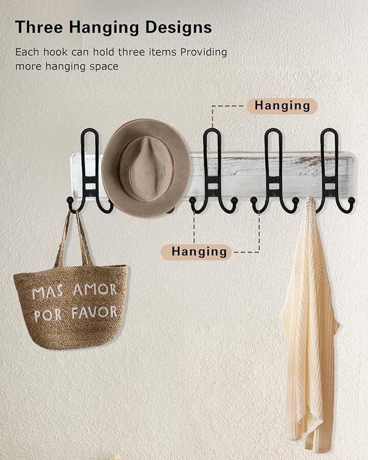 Houten wandgarderobe met 5 drievoudige haken vintage stijl oudwit